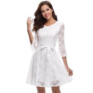 iClosam Women's 3/4 Bell Sleeve Contrast Lace A-line Swing Party Dress with Belt